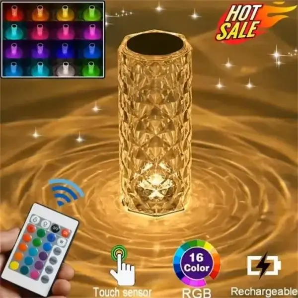 Rose Diamond Crystal Lamp – 16 Color RGB LED Touch & Remote Control Table Lamp